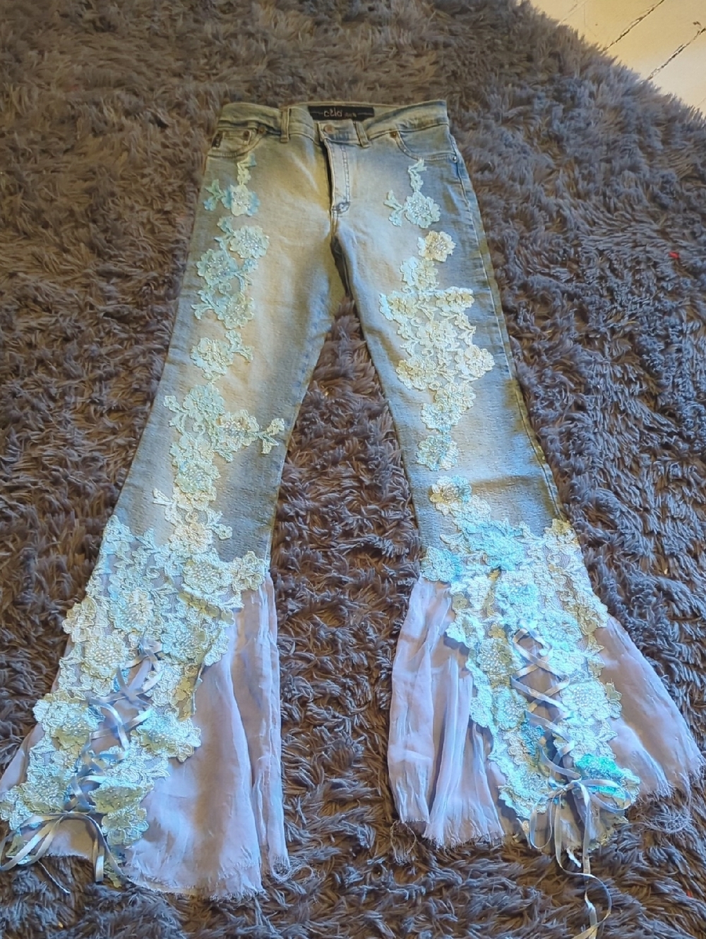 Embellished Light Blue Flare Jeans with Lace Trim